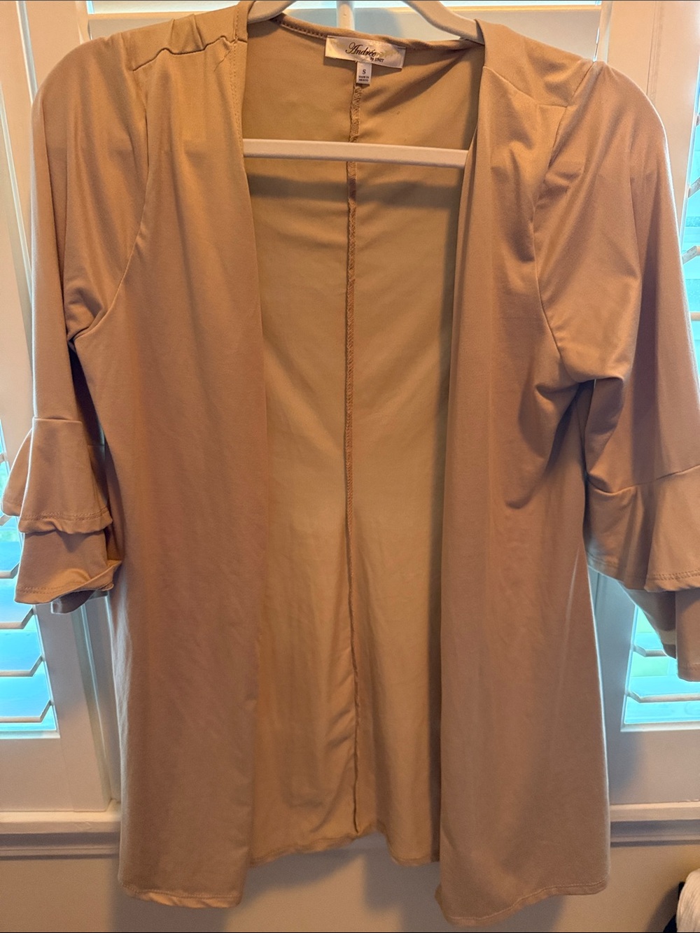 Light Tan Open Front Cardigan with Ruffle Sleeves